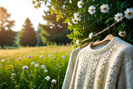White knitted sweaters on a hanger against the background of a flowering meadow.の素材