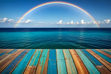 Wooden pier and rainbow over the sea surface. Collage.の素材