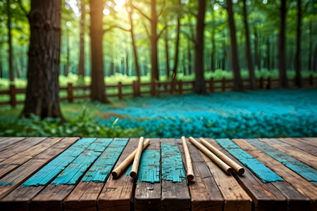 Wooden table in the park with bamboo sticks and bokeh backgroundの素材