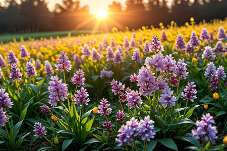 Field of pink hyacinths at sunset. Colorful spring flowersの素材
