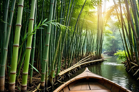Bamboo forest and boat on the river at sunset. Nature backgroundの素材
