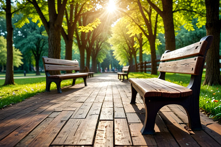 Wooden bench in the park in the rays of the setting sunの素材