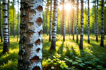 Sunset or sunrise in a birch grove with birch trunks and young green leaves.の素材