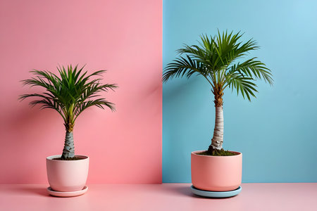 Two palm trees in flower pots on pink and blue background. Minimal concept.の素材
