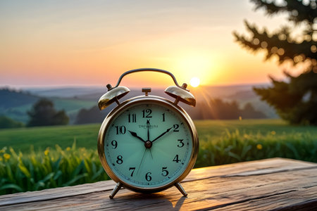 Alarm clock on wooden table in front of green field and sunsetの素材