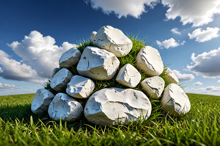 Pile of white stones on green grass with blue sky and cloudsの素材