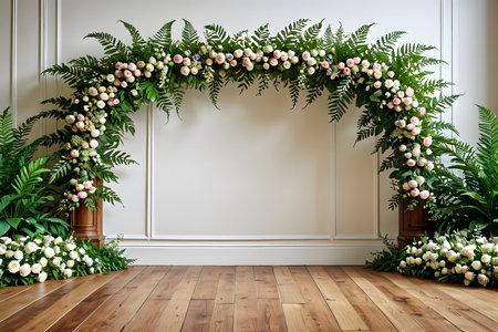 Wedding arch decorated with white flowers and green leaves. 3d renderingの素材