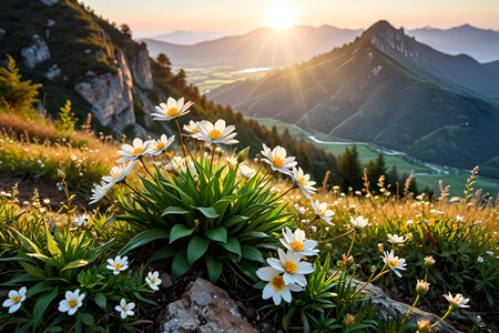 White flowers on the top of a mountain at sunset. Carpathians, Ukraineの素材