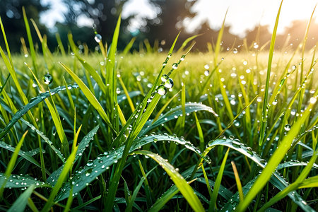 Green grass with dew drops in the morning. Nature background.の素材