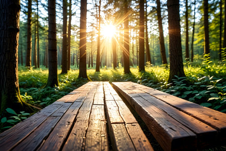 Wooden walkway in the forest at sunset. Beautiful summer landscape.の素材