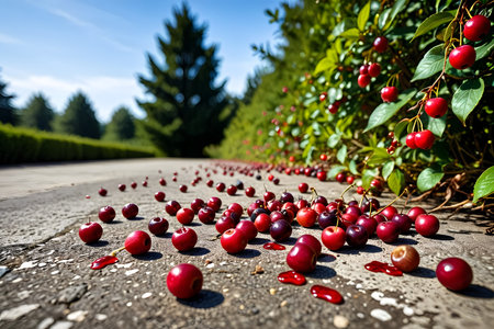 Cherries on the road in a sunny day, summer landscapeの素材