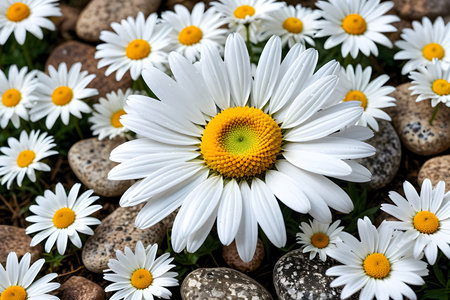 White daisies on a background of pebbles and stonesの素材