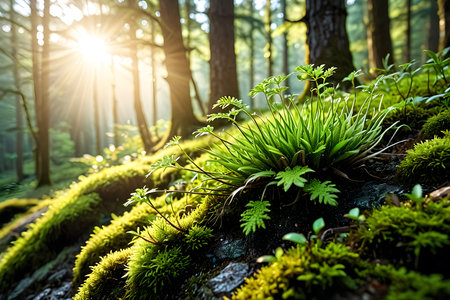Beautiful green moss growing on a stone in the forest at sunsetの素材