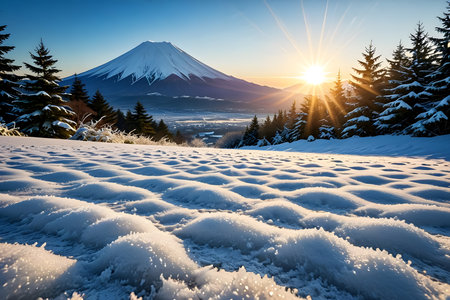 Mt. Fuji and snow field at sunrise in winter, Japanの素材