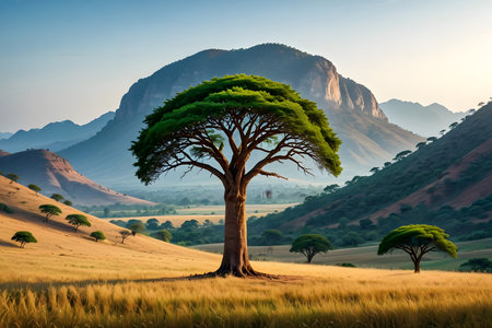 African landscape with a tree in the middle of a wheat field.の素材