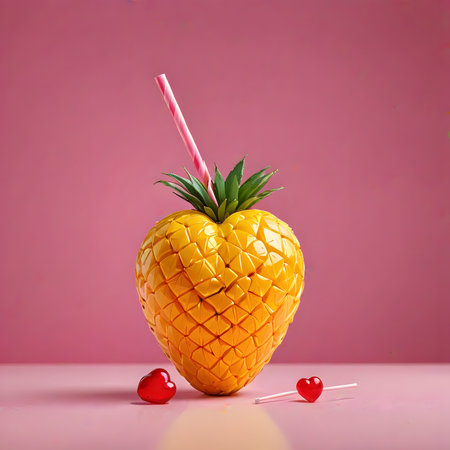 Pineapple with a straw in the shape of a heart on a pink backgroundの素材