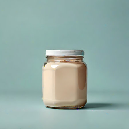 Creamy yogurt in a glass jar on a blue background.の素材