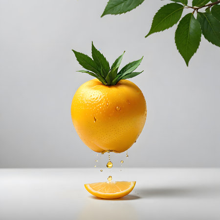 Fresh orange with water drops on it. Isolated on gray backgroundの素材