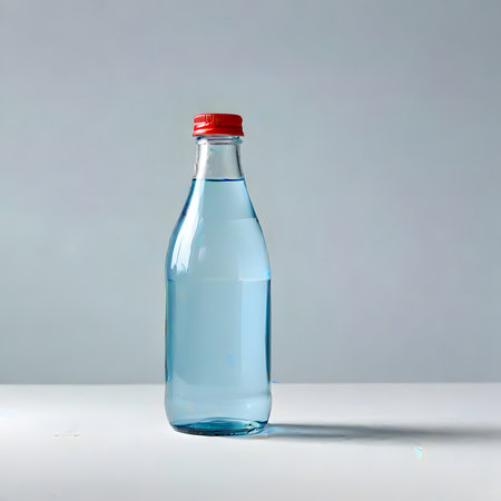 Bottle of mineral water on white table with shadow on gray backgroundの素材