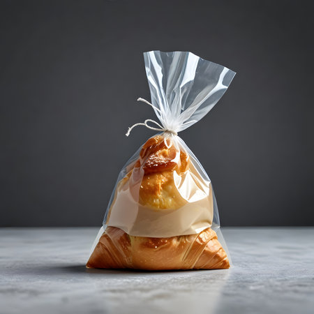 Croissant in a plastic bag on a gray background. Copy space.の素材