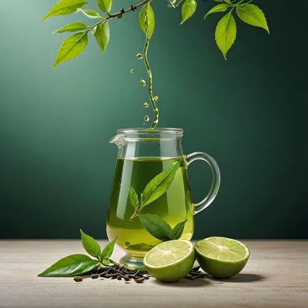 Green tea in a glass teapot with fresh leaves and lime on wooden tableの素材