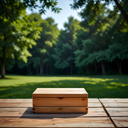 Wooden box on the table in the park. 3d renderの素材