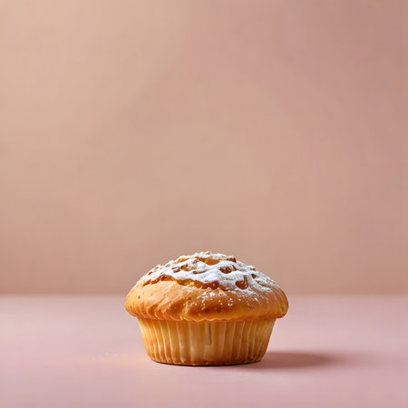 Muffin with powdered sugar on pastel pink background. Copy space.の素材