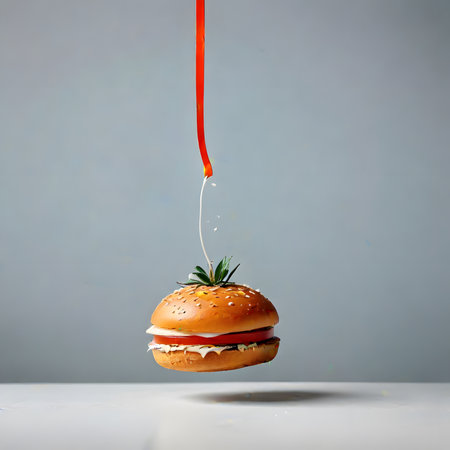 Hamburger dripping from a bottle of red juice on a gray backgroundの素材