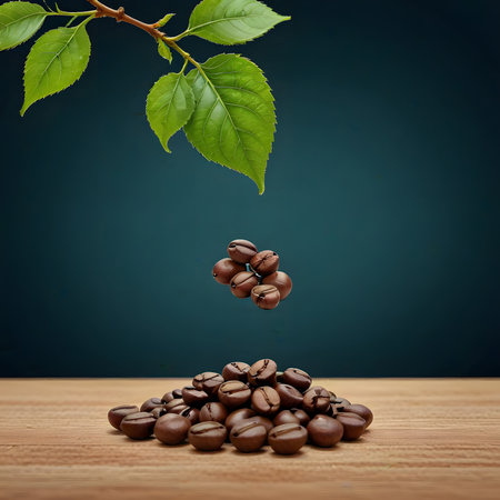 coffee beans on a wooden table and green background with copy spaceの素材