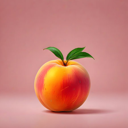 Peach with leaves on a pink background. 3d illustration.の素材