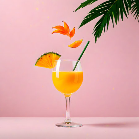 Tropical cocktail with orange and pineapple in a glass on a pink backgroundの素材