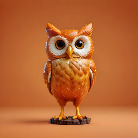 Owl on a wooden stand on a brown background. 3d illustrationの素材