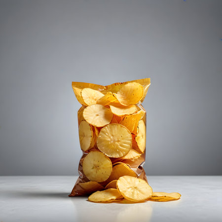Potato chips in a bag on a gray background. Side view.の素材
