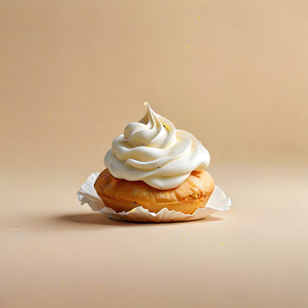Cream puff with whipped cream on a beige background. Copy space.の素材