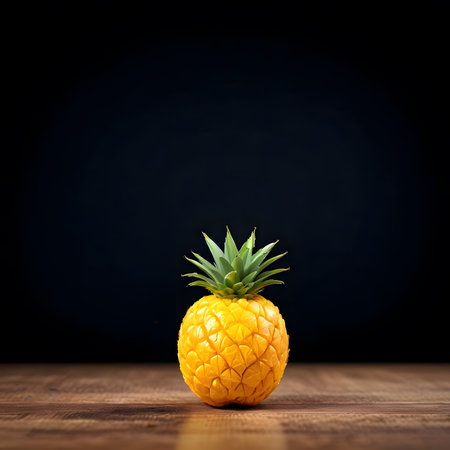 Pineapple on a wooden table over dark background with copy spaceの素材