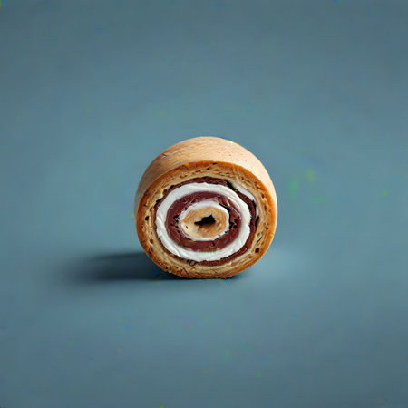 Poppy seed roll on blue background. Minimal food concept.の素材