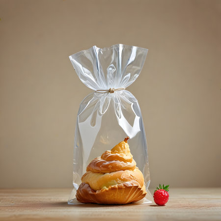 Cream puff with strawberry in a plastic bag on a wooden tableの素材