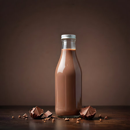 chocolate milk in a bottle and chocolate pieces on a brown backgroundの素材