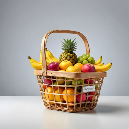 Fresh fruits in a wicker basket on a gray background. 3d renderingの素材