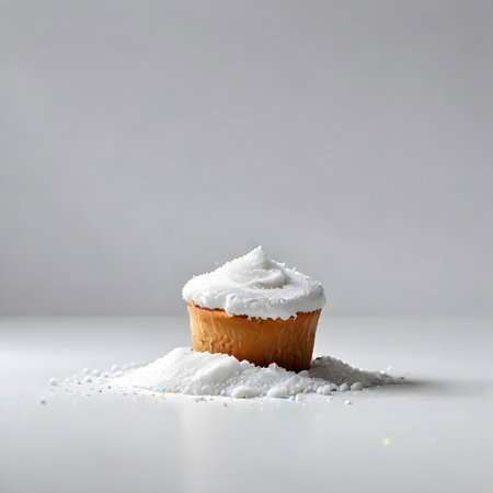 Cupcake with whipped cream and powdered sugar on white background.の素材