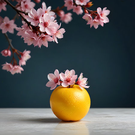 Yellow ceramic vase with cherry blossoms on the wooden table.の素材