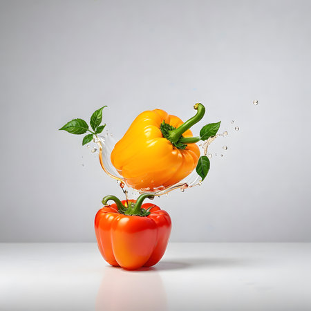 Red and yellow bell pepper with water splashes on a gray backgroundの素材