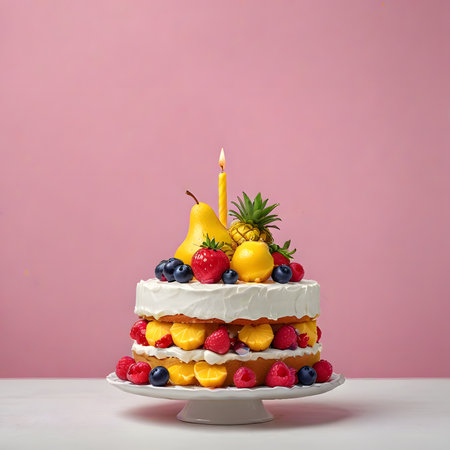 Birthday cake with fruits and candle on pink background. Copy space.の素材