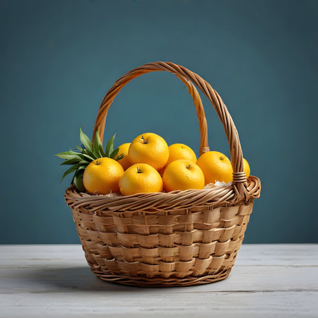 Ripe tangerines in a basket on a blue background.の素材