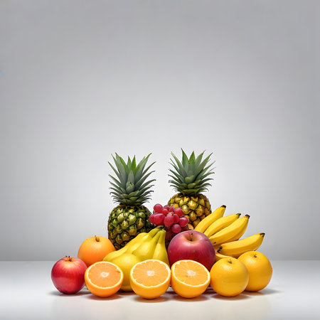 Composition with fresh fruits on a gray background. 3d renderingの素材