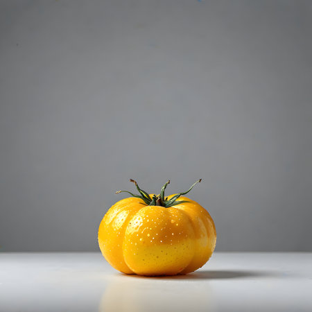 Yellow tomato with water drops on a gray background with copy space.の素材