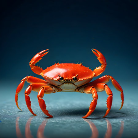 Red crab on a blue background. Close-up. Macro.の素材