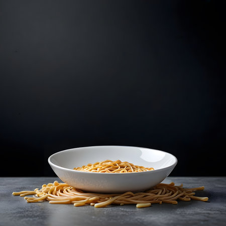 Raw pasta in a white bowl on a dark background. Copy space.の素材