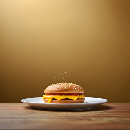 Hamburger on a plate on a wooden table and yellow backgroundの素材