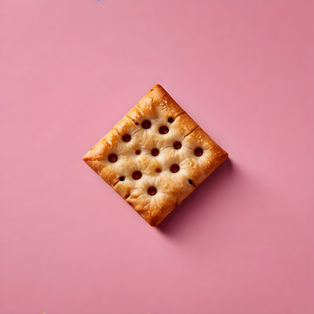 Top view of square cracker on pink background. Minimal food conceptの素材